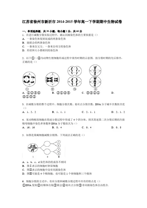江苏省徐州市新沂市2014-2015学年高一下学期期中生物试卷Word版含解析