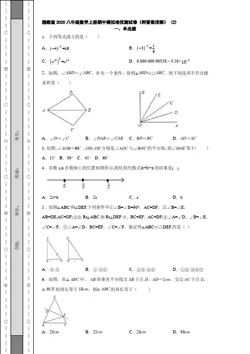 湘教版2020八年级数学上册期中模拟培优测试卷(附答案详解) (2)
