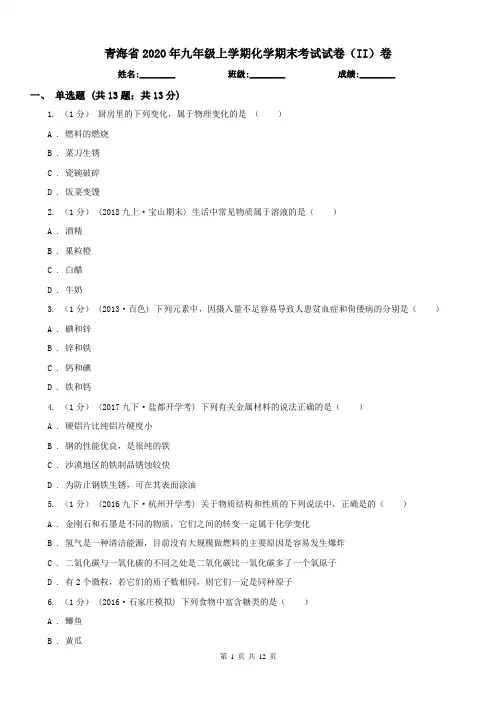 青海省2020年九年级上学期化学期末考试试卷(II)卷(模拟)