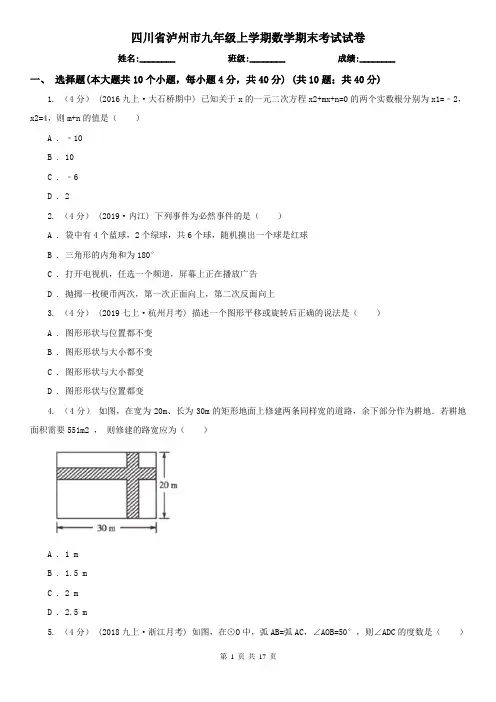 四川省泸州市九年级上学期数学期末考试试卷