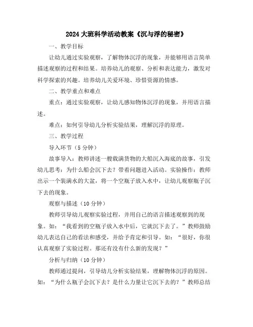 2024大班科学活动教案《沉与浮的秘密》