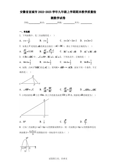 安徽省宣城市2022-2023学年九年级上学期期末教学质量检测数学试卷