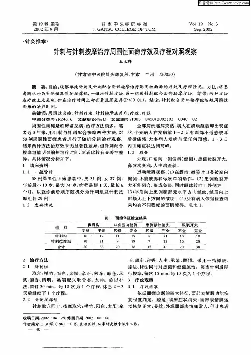 针刺与针刺按摩治疗周围性面瘫疗效及疗程对照观察