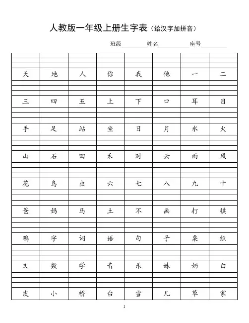 人教版一年级上册生字表(给汉字加拼音)