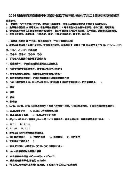 2024届山东省济南市市中区济南外国语学校三箭分校化学高二上期末达标测试试题含解析