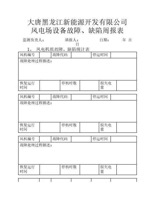 风电公司风电场故障、缺陷统计周报表(样表)