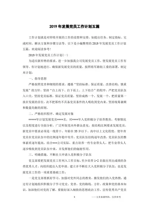 2019年发展党员工作计划五篇
