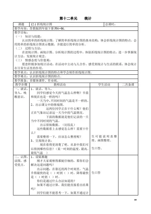 苏教版数学四年级第十二单元表格式教案