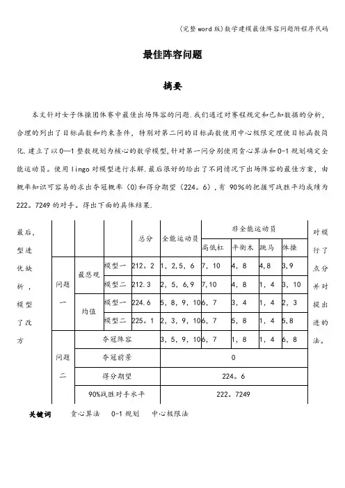 (完整word版)数学建模最佳阵容问题附程序代码