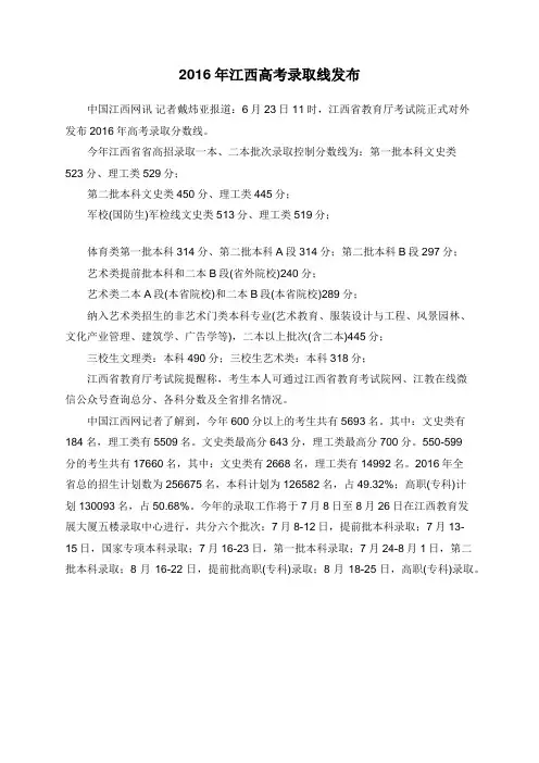 2016年江西高考录取线发布