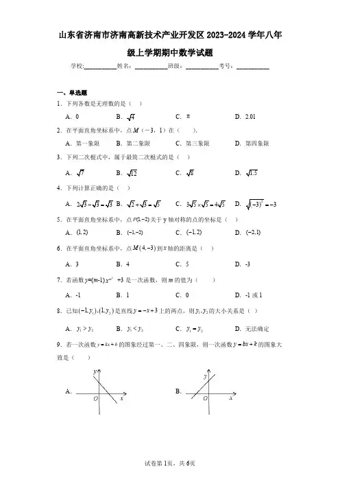 山东省济南市济南高新技术产业开发区2023-2024学年八年级上学期期中数学试题