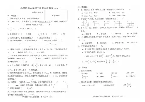 人教版六年级数学下册期末检测卷(浙江嘉兴南湖区2020年真卷,含答案)