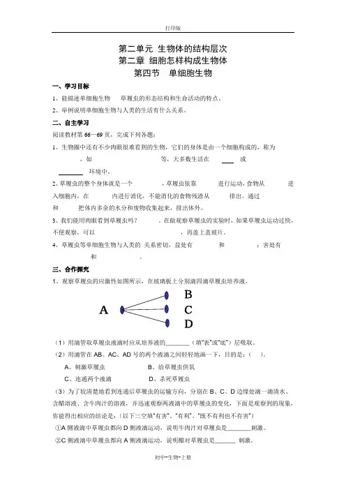 人教版生物-七年级上册-2.2.4单细胞生物 导学案