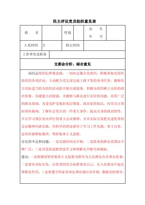 民主评议党员意见表