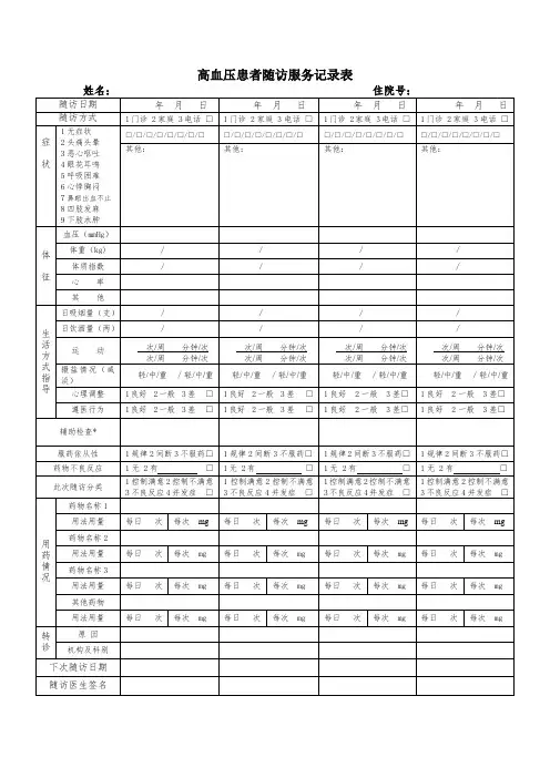 高血压、糖尿病、冠心病患者随访服务记录表