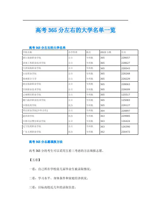 高考365分左右的大学名单一览