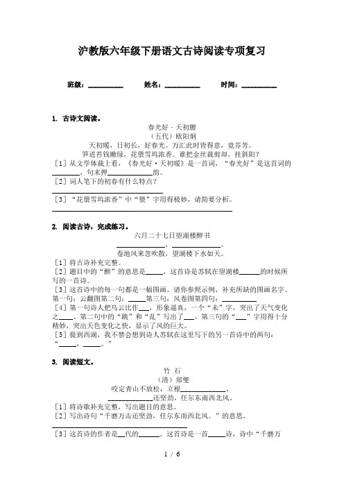 沪教版六年级下册语文古诗阅读专项复习