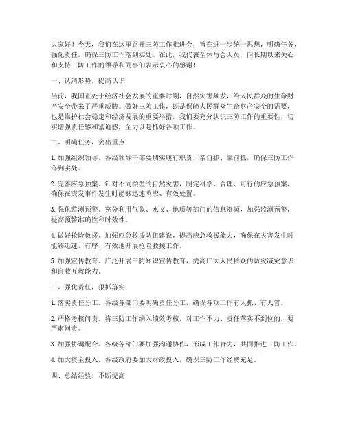 三防工作推进会发言稿范文