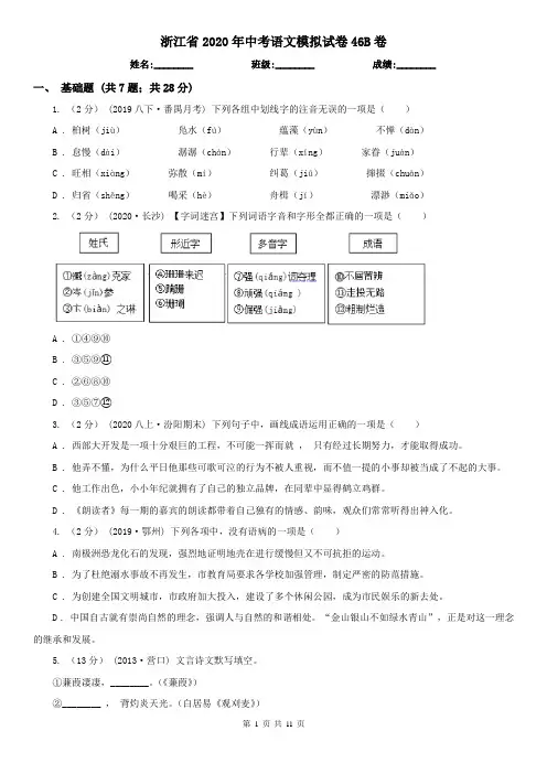 浙江省2020年中考语文模拟试卷46B卷
