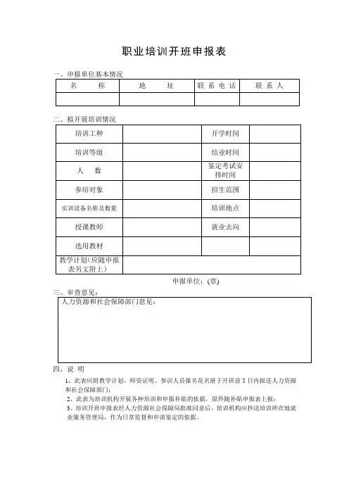 职业培训开班申报表