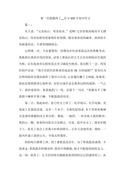 那一次我懂得了__作文600字高中作文