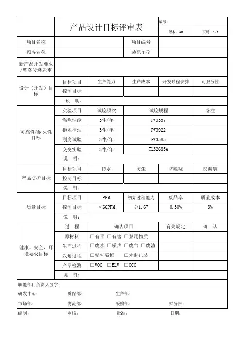 产品设计目标评审表