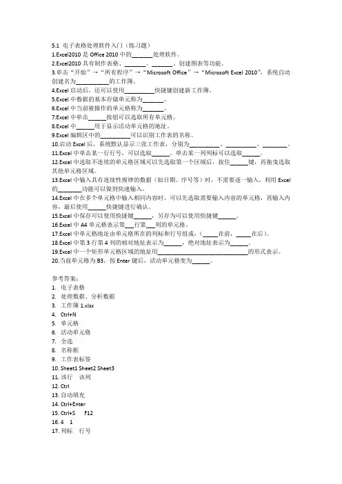 5.1 电子表格处理软件入门(练习题)(附答案)