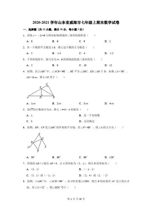 2020-2021学年山东省威海市七年级上期末数学试卷(附答案解析)