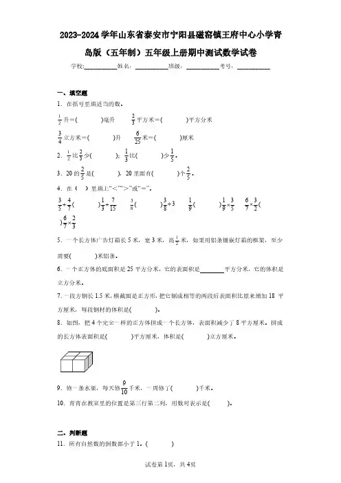 2023-2024学年山东省泰安市宁阳县磁窑镇王府中心小学青岛版(五年制)五年级上册期中测试数学试卷