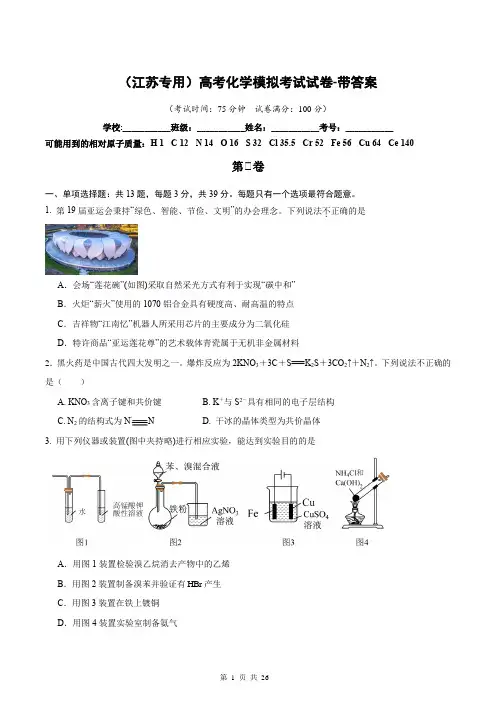 (江苏专用)高考化学模拟考试试卷-带答案