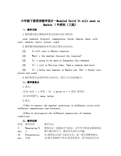 六年级下册英语教学设计-Module2 Unit2 It will snow in Harbin ｜