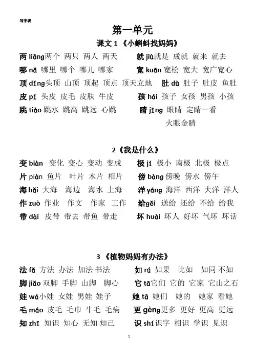 (部编版)二年级语文上册写字表1-14课组词