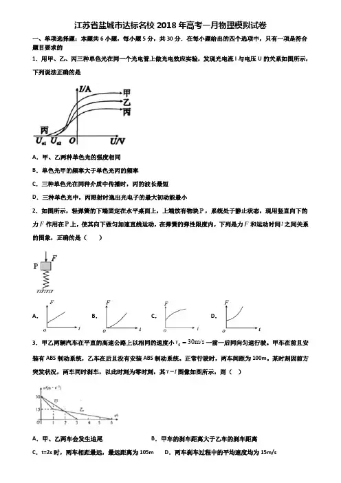 江苏省盐城市达标名校2018年高考一月物理模拟试卷含解析