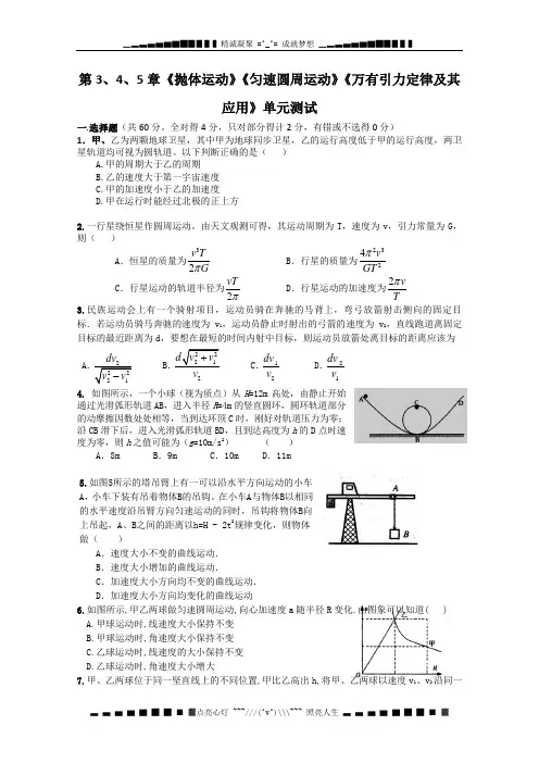 高一物理单元测试 第3、4、5章 抛体运动 匀速圆周运动 万有引力定律及其应用 1(鲁科版必修2)