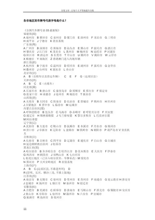 各市地区的车牌号代表字母是什么
