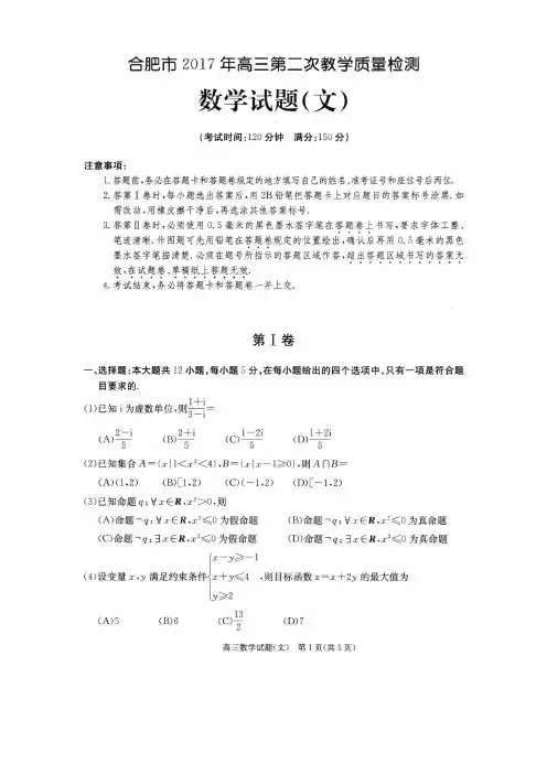 合肥市2017高三第二次教学质量检测数学试题(文)(含答案)