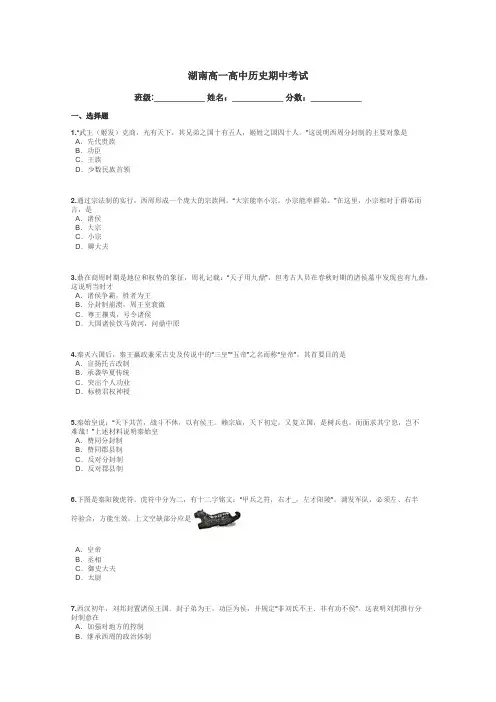 湖南高一高中历史期中考试带答案解析
