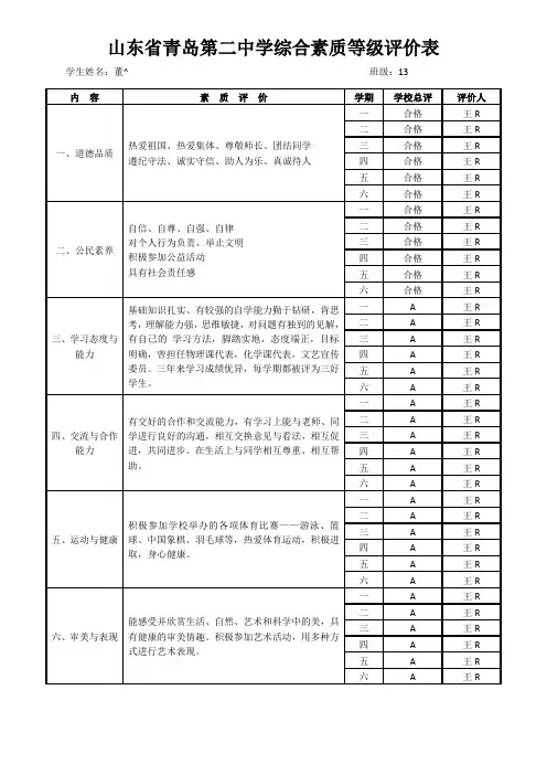 山东省青岛,第^中学综合素质等级评价表