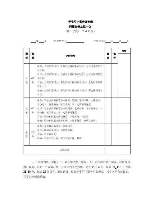 小学生写字素养评价表