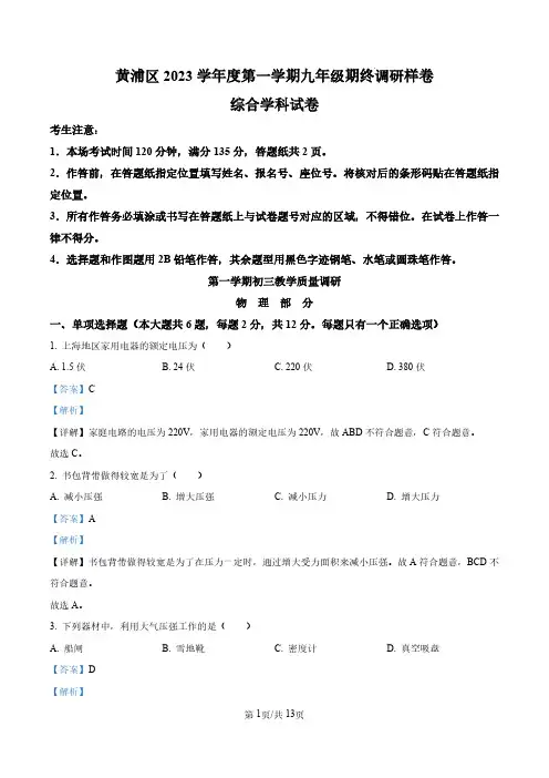 2024年上海市黄浦区中考一模物理试题(解析版)