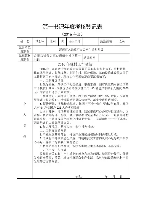 年第一书记年度考核登记表样表