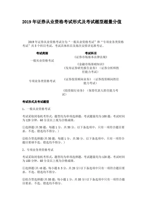 2019年证券从业资格考试形式及考试题型题量分值