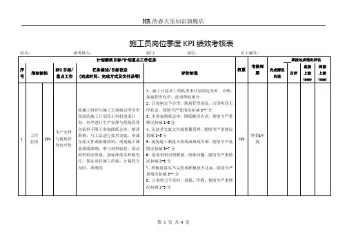 施工员岗位季度KPI绩效考核表