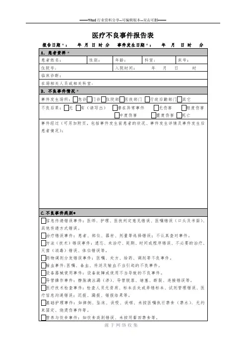 医疗安全不良事件上报表(2017修订)