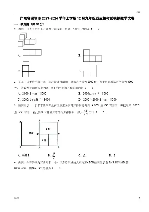 2024年广东省深圳市九年级上学期12月适应性考试数学试题及答案