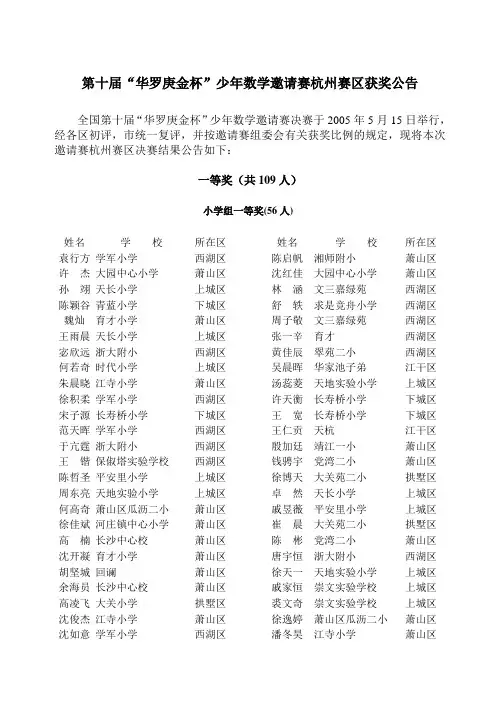 第十届华罗庚金杯少年数学邀请赛杭州赛区获奖公告