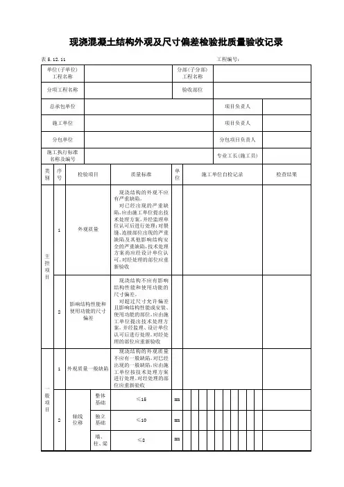 现浇混凝土结构外观及尺寸偏差检验批质量验收记录