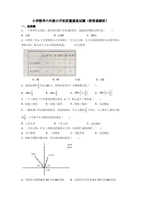小学数学六年级小升初质量提高试题(附答案解析)