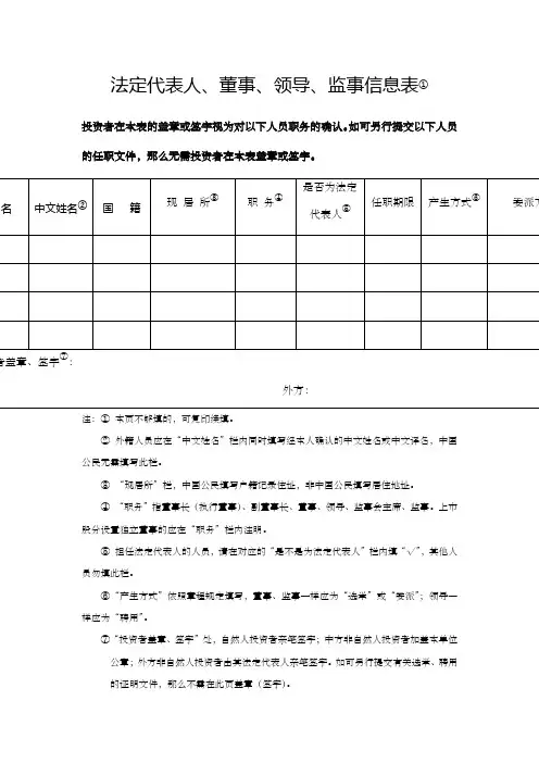 法定代表人董事领导监事信息表①