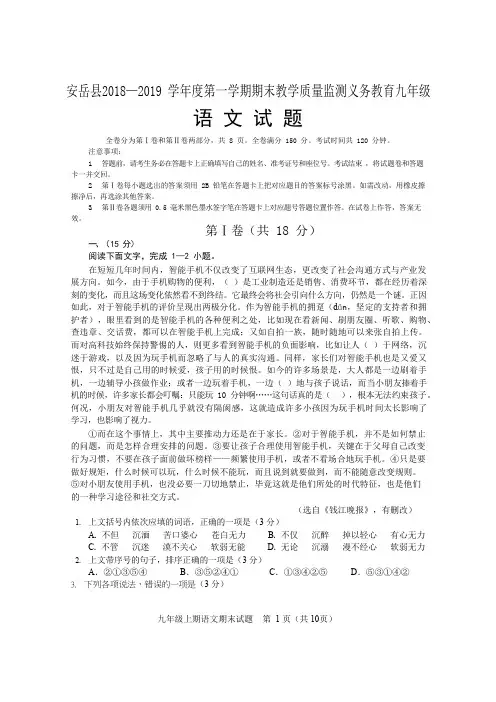 安岳县2018—2019学年度上期九年级语文试题及评分标准(1)
